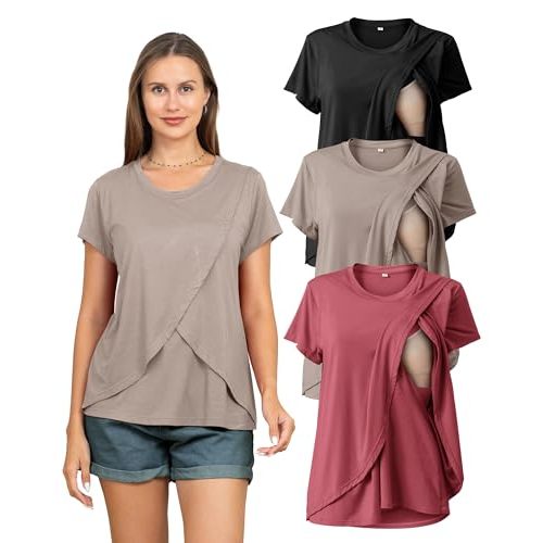 Rnxrbb 3 Pack Women's Nursing Tops for Breastfeeding Summer Short Sleeve T Shirts Postpartum Double Layer Clothes