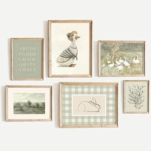 Vintage Nursery Wall Art Kids Canvas Poster Baby Room Wall Decor Sage Green Duck Wall Art Bunny Prints Floral Picture Nursery Children Artwork for Farmhouse Bedroom 8x10 Inch Unframed Set of 6