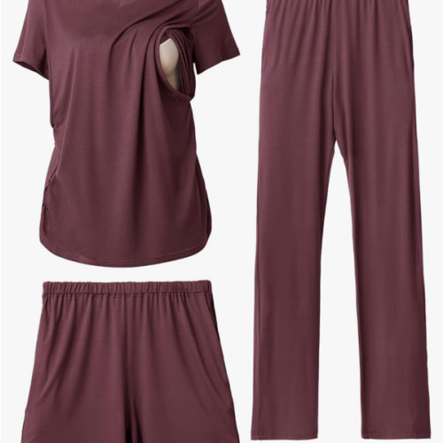 Rnxrbb 3 Piece Women's Maternity Nursing Pajamas Set V Neck Breastfeeding Pjs Sleepwear Postpartum Shorts&Pants Pockets