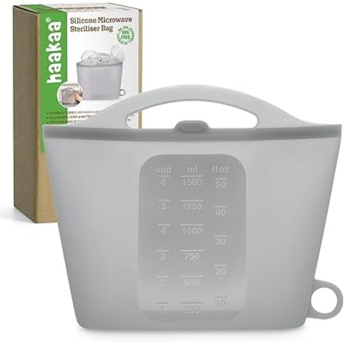 Haakaa Silicone Microwave Steam Sterilizer Bags for Travel, Reusable Silicone Steaming Bags for Baby Bottles, Breast Pump, Accessories, Pacifiers and Teethers, Great for Home and On-the-Go, Grey (1PC)