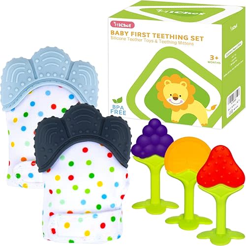 Teething Mittens for Baby (2 Pack) with Baby Teething Toys (3 Pack), Self Soothing Pain Relief Mitt, Silicone Teethers, BPA-Free, Natural Organic Freezer Safe for Infants and Toddlers