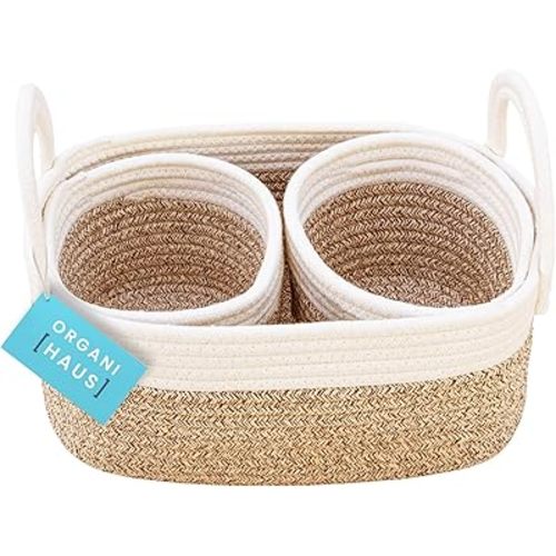 OrganiHaus Brown Small Woven Baskets for Nursery Storage - Toy Basket Organizer - Baby Changing Basket - Storage Baskets for Shelves - Set of 3 Cotton Rope Baskets with Handles - Round Towel Baskets