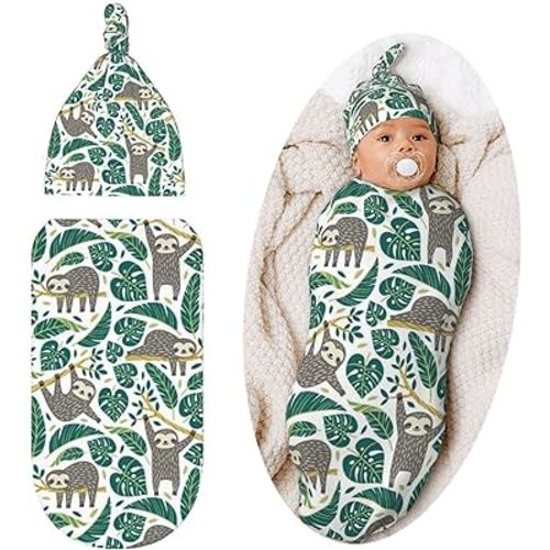 Swaddle Blanket Cute Sloth Baby Stuff Newborn Baby Swaddling Blanket Sleep Sack with Beanie Hat Sets for Boys Girls Infant and Baby Shower Unisex