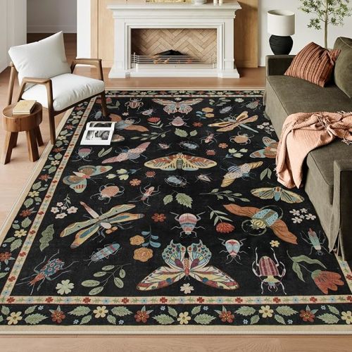 Lahome Insect Area Rugs 8x10, Non Slip Washable Rugs for Living Room 8x10 Rug, Soft Modern Bedroom Rug Under Bed Ultra-Thin Large Carpet for Dining Room Office Playroom, Black