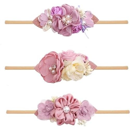 Baby Girl Bows Floral Headbands Set - 3pcs Flower Crown Elastic Hairband Newborn Toddler Hair Accessories Gifts for Girls (1-6 years old)