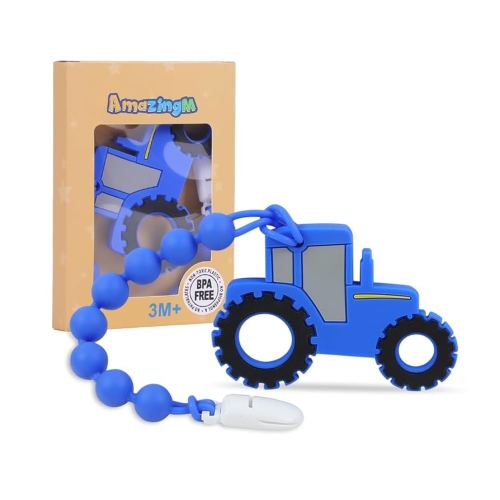 Baby Food Grade Silicone Tractor Truck Teether Toy with One Piece Design Pacifier Clip Holder,Teething Toys Gift Set for 3 Months+ Boys and Girls,Freezer Safe,BPA Free. (Blue)