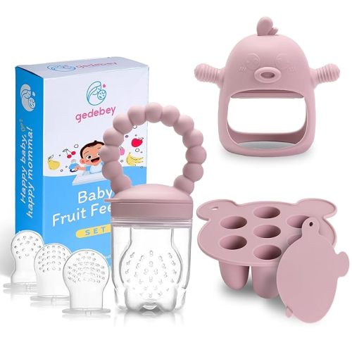 Baby Fruit Feeder Pacifier - 3 Pack | 1 Baby Food Feeder & 1 Baby Teether & 1 Baby Popsicle Molds | Breastmilk Popsicle molds | Baby Teething Toys | Baby Fruit Food Feeder Pacifier Babies (Blush)