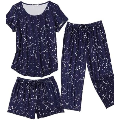 Ekouaer 3 PCS Capri Pajamas for Women Set Short Sleeve Pajama Sets Floral Pj Sets Soft Sleepwear with Pockets