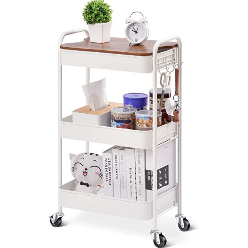 TOOLF 3-Tier Rolling Cart, Metal Utility Cart with Detachable Tray Top, Storage Craft Art Cart Trolley Organizer Serving Cart Easy Assembly for Bathroom, Living Room, Office, Kitchen, Classroom, White