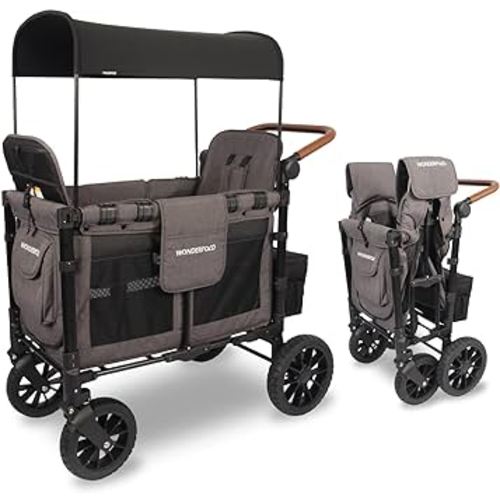 WONDERFOLD W2 Luxe Double Stroller Wagon (2 Seater) - Collapsible Wagon Stroller with Seats with Magnetic Buckle 5-Point Harnesses and Adjustable Sun Canopy, Charcoal Gray