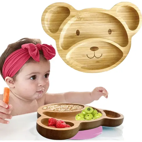 Bamboo Plates For Kids - Baby and Toddler Bamboo Suction Plate for Babies Feeding and Weaning, Promotes Self-Feeding with Eco-Friendly Sturdy Bear Design, Suction Plates for Busy Moms & Dads, Pink