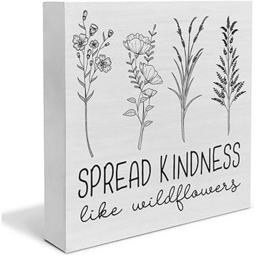 Spread Kindness Like Wildflowers Wooden Box Sign Farmhouse Flowers Wood Box Sign Art Blocks Desk Sign Rustic Signs for Shelf Tabletop Home Decor 5 X 5 Inch