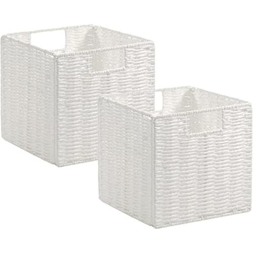 Vagusicc Storage Baskets, Set of 2 Hand-Woven Paper Rope Wicker Baskets, Foldable Cube Storage Baskets Bins, 13 Inches Large Wicker Storage Baskets for Shelves Organizing & Decor, White
