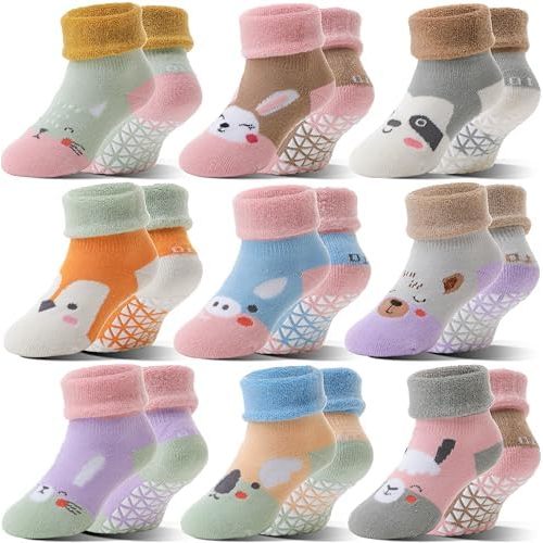 Toddlers Kids Grips Socks Warm Thermal Winter Thick Anti Slip Non Skid Ankle Crew Socks 9 Pairs for Baby Boys Girls Infants