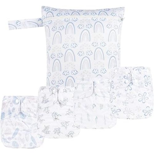 HappyFlute 9 Sets Newborn Baby Cloth Pocket Diapers Adjustable Reusable for Baby Boys and Girls(6-33 pounds,0-3 Years),One Wet Bag+4Diapers and 4Inserts (AD07)