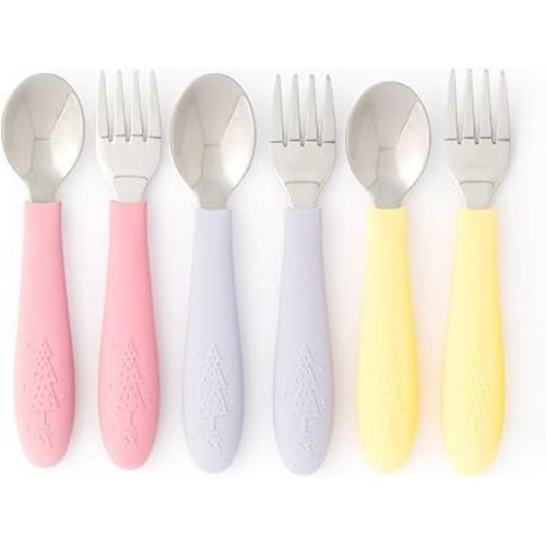 Elk and Friends Kids Silverware with Silicone Handle | Childrens Safe Flatware | Toddler Utensils | Baby Spoons + Forks | Stainless Steel Cutlery
