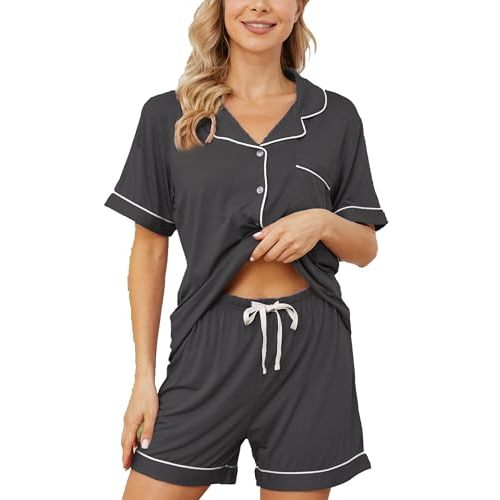 Yoolfine Womens Pajama Sets Short Sleeve Sleepwear Soft Button Down Nightwear Lounge Pj Set XS-XXL