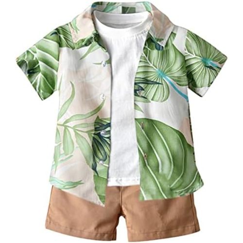 SANGTREE Boys Summer Short Hawaiian Outfit, Button Down Shirt + White T-shirt + Shorts, 3 Months - 9 Years