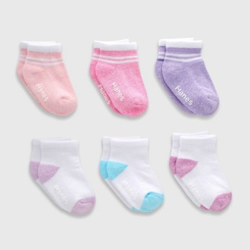 Hanes Baby Girls' 6pk PURE Comfort with Organic Cotton Solid Athletic Socks - Purple/Pink/Gray 6-12M
