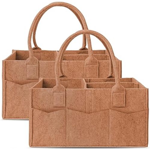 Cute Castle 2 Pack Diaper Caddy Organizer - Portable Baby Caddy Organizer with Handle, Nursery Storage Bin and Car Organizer for Girls, Boys - Baby Gift Basket - Caramel