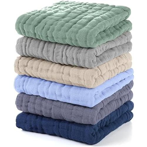Muslin Baby Washcloths 6 Pack, 100% Cotton Wash Cloths for Babies, Large 12''X12'' Burp Cloths Absorbent and Soft for Newborn Infants Kids Boys Girls - Multicolor