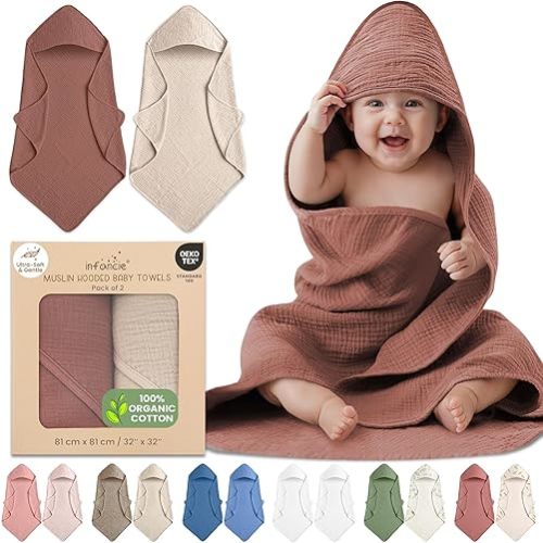 infancie 100% Organic Cotton Muslin Baby Hooded Towels 32x32 Inch – 2 Pack Soft & Absorbent Newborn Bath Towels for Boys & Girls, Premium Hooded Towels, Ultra-Gentle Baby Essentials in Rust/Ivory