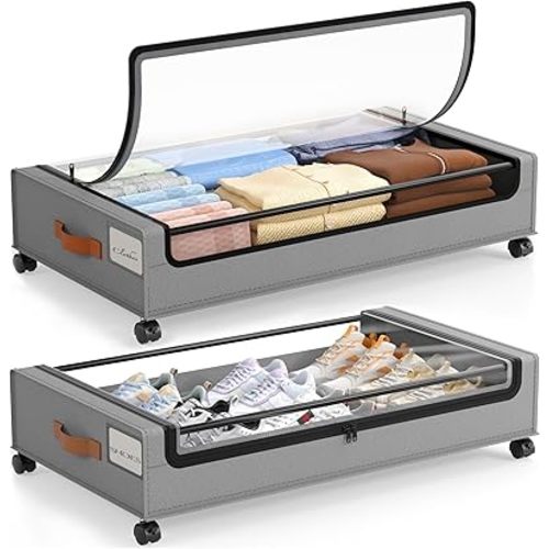 LAMU Under Bed Storage with Wheels 2 Pack, Under Bed Storage Containers with Clear Lid & PU Leather Handle, 6.7 Inches Height Rolling Underbed Drawer Organizer Bins for Clothes, Shoes, Blankets, Grey