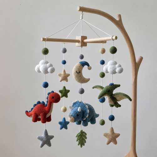Crochet Baby Mobile, Dinosaur Crib Mobile, Handmade Nursery Decor, Baby Shower Gift, Forest Baby Mobile Gift