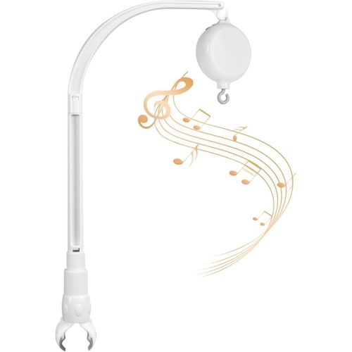 White Crib Mobile arm with Mobile Music Box Spinner, Bassinet Mobile Clip on Crib, Baby Crib Mobile arm with Crib Mobile Motor, Volume Control (Rotating only,Music only, Rotation & Music)
