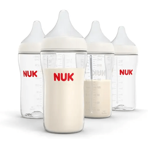 NUK Perfect Match 2-in-1 Natural and Anti-Colic Bottle with Medium Flow, Wide, Adaptable Nipple, 8oz., 4 Pack, BPA Free