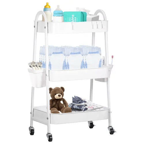 Baby Diaper Caddy Cart 3-Tier Metal Rolling Cart Nursery Storage Organizer for Baby Diapers and Newborn Essentials Storage