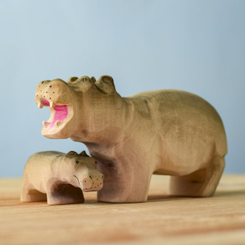 Wooden Hippo Set | Handmade Waldorf & Montessori Inspired Jungle Animal Wooden Toy | Made with Organic Wood by Bumbu Toys
