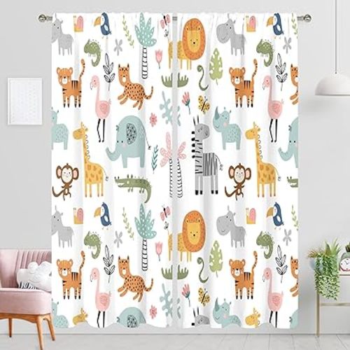 MESHELLY Cartoon Safari Animal Curtains 29Wx63H Inch Rod Pocket Woodland Wildlife Jungle Colorful Bedroom Window Drapes Nursery Kid Toddler Printed Living Room Window Treatment Fabric