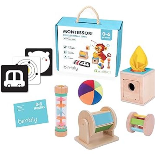 bimbly Wooden Montessori Toys – 6 in 1 Stimulating Early Development for 0-6 Months