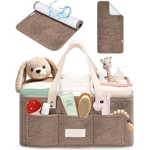 Baby Diaper Caddy Organizer with Portable Changing Mat - Teddy Fleece Nursery Storage Basket for Changing Table & Newborn Essentials – Baby Shower Gifts and Registry Must-Haves