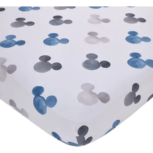 Disney Mickey Mouse - Black, White and Blue Watercolor Mickey Ears Nursery Polyester Fitted Crib Sheet