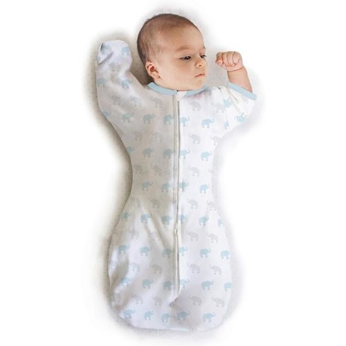Amazing Baby Transitional Swaddle Sack with Arms Up Half-Length Sleeves and Mitten Cuffs, Medium, 3-6 months, 14-21 lbs, Tiny Elephants, Blue (Arms Up Swaddle, Transition Swaddle Sleep Sack)