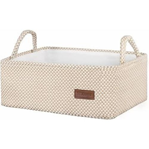 Small Storage Basket for Organizing Home Closet Shelf Nursery Toy Book-Decorative Fabric Foldable Bathroom Storage Bin-Storage Basket for Gifts Empty with Handles,15"*10"* 5.3"(Beige)