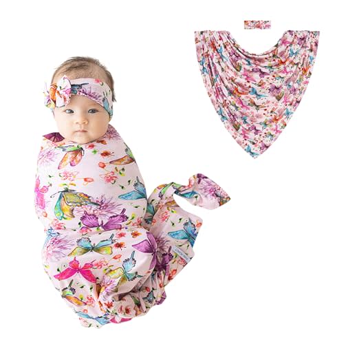 Posh Peanut Swaddle Blanket & Headband Set – Viscose from Bamboo Stretchy Baby Swaddle for Newborn Girls, Receiving Blanket or Nursing Cover (Watercolor Butterfly)