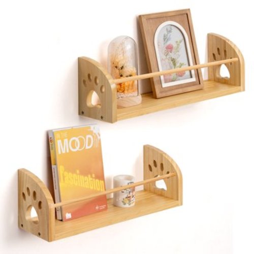 SUMGAR Floating Shelves, Natural Pine Wood Wall Mounted Bookshelves with Cute Cat Design, Space Saving Storage Organizer for Bedroom, Playroom, Living Room
