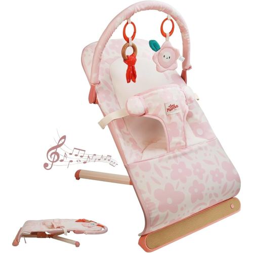 Tiny Marvels Baby Bouncer, 3-Point Harness Baby Bouncer Seat for Newborn Toddler, Portable Baby Rocking Chair with Sensory Toys and Music, Compact & Portable Baby Bouncers Chair (Pink Floral)