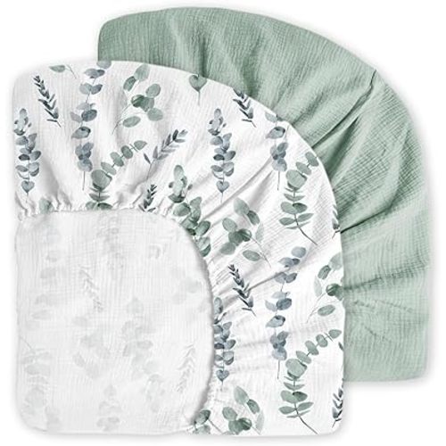 Little Grape Land Muslin Crib Sheets Fitted for Boys and Girls 2 Pack, 100% Cotton Baby Bed Sheets Soft Breathable, Neutral Fitted Baby Mattress Sheets for Standard Crib 52x28 inches, Green Leaves