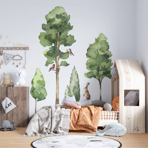 Big Trees Wall Stickers, Animals, Large Tree Wall Stickers, Forest Wall Decals, Watercolor Decals, Giant Deciduous