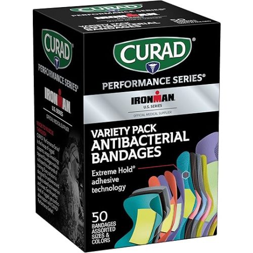 CURAD Performance Series Ironman Antibacterial Bandages, Extreme Hold Adhesive Technology, Finger & Knuckle Bandages, Flexible Fabric, Variety Pack with Assorted Sizes & Colors, 50 Count