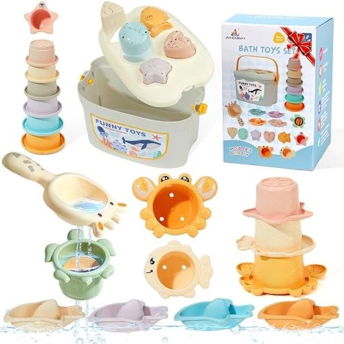 Baby Bath Toys, 21PCS Mold Free Bath Toys for Toddler 2-4 with Montessori Shape Sorter and Educational Stacking Cups, Water Table Toys for Kids Ages 1 2 3 4 5 with Storage Bin