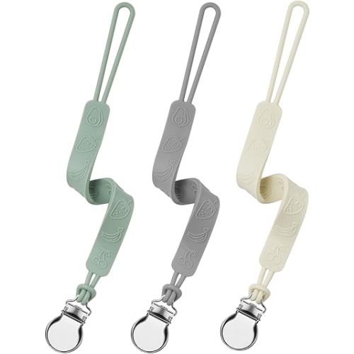 Silicone Pacifier Clip, Seposeve Pack of 3 Baby Pacifier Teether Clip with 4 Texture, Soft Flexible Silicone Pacifier Leashes & Cases for Boy and Girl, Keeps Pacifier Clean, Green Grey White