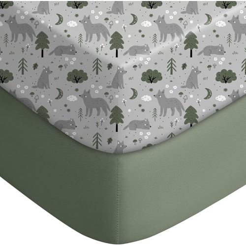 Yoofoss Pack and Play Sheets Fitted, Mini Crib Sheets 2-Pack for Pack N Play Mattress, Stretchy Playard Sheet, Soft and Breathable Gray-Green+Fox