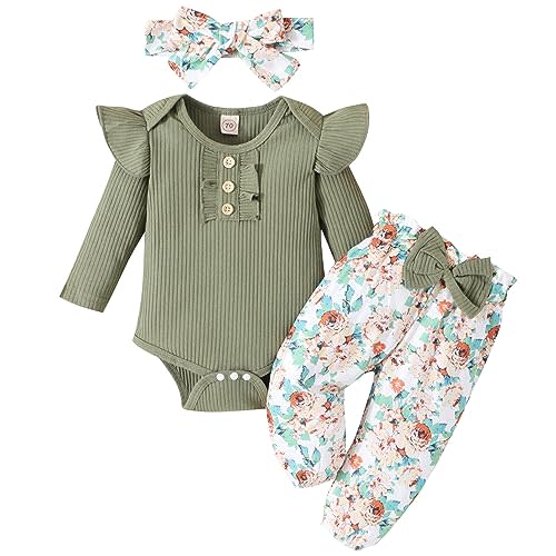 GDTOGRT Baby Girl Clothes Newborn Infant Outfits Ruffle Romper+ Floral Pants + Cute Headband Sets for Girls