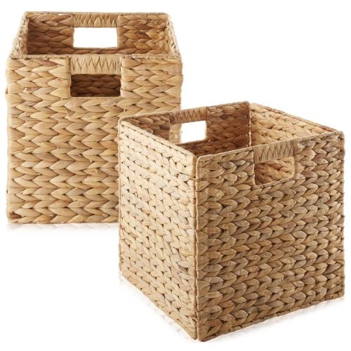 Casafield 12" X 12" Water Hyacinth Storage Baskets - Set Of 2 Collapsible Cubes, Woven Bin Organizers For Bathroom, Bedroom, Laundry, Pantry, Shelves