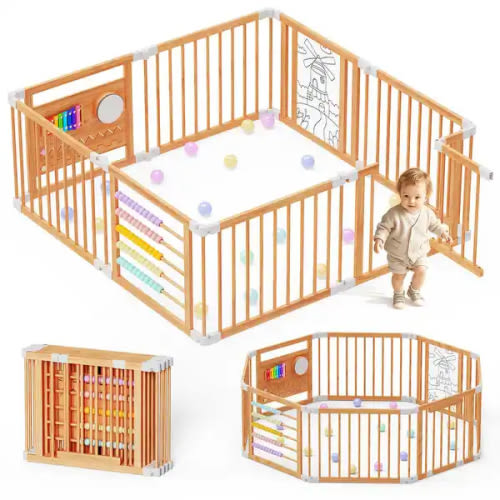 Foldable Wooden Playpen with Door, Adjustable, 1-8 years, Safety Gate